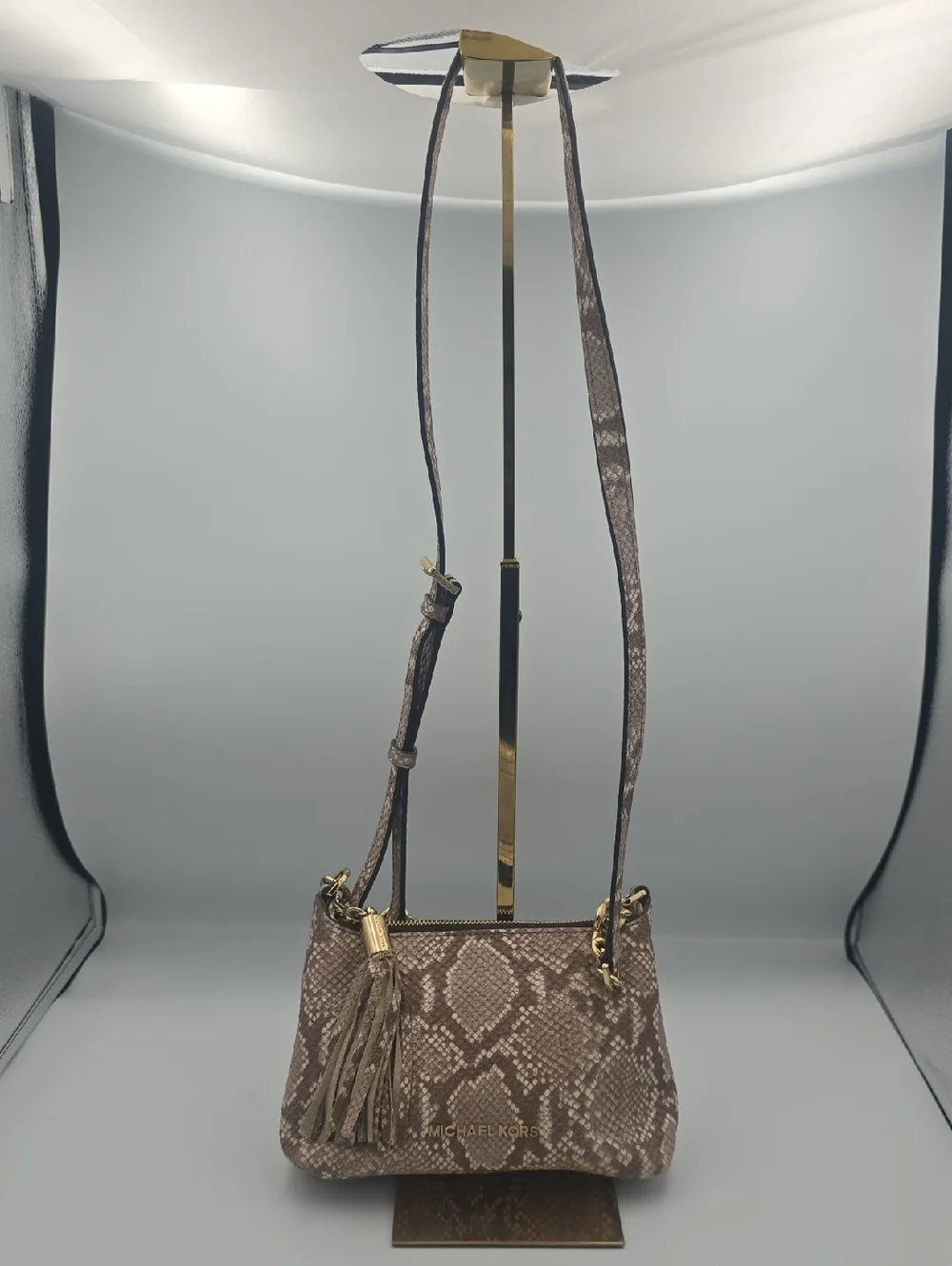 Michael Kors Dark Pink Taupe Snake-Print Small Crossbody W/ Gold & Tassle (EUC)✨